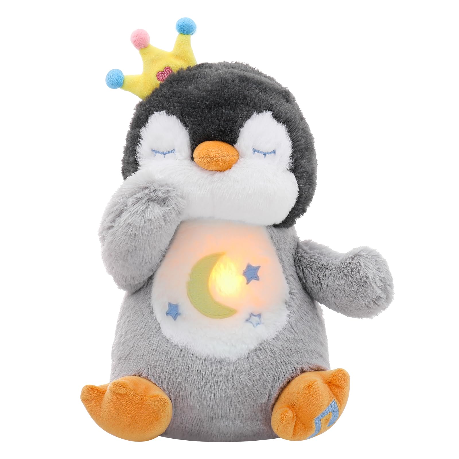 Edencomer Peluche Que Respira, Bebe Dormir Peluche Respiras Ansiedad, Stitch Que Respira con Música Luces Movimientos De Respiración, Juguete para Bebés Recién Nacidos Niñas y Niños (Pingüino Gris)