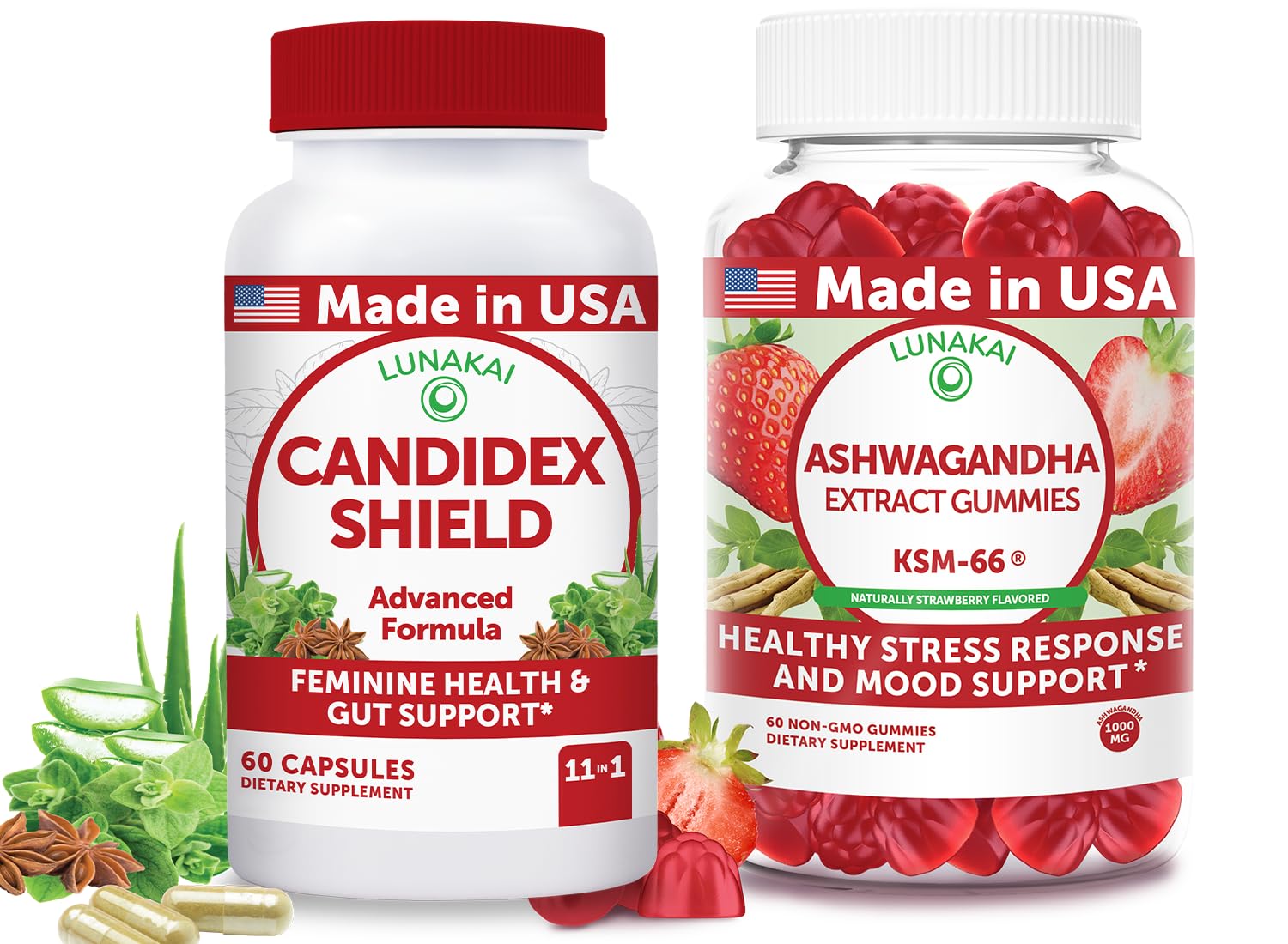 Lunakai USA Made Candida & Ashwagandha Gummies Bundle – Gut Health and Stress Support – 60 Ct Each