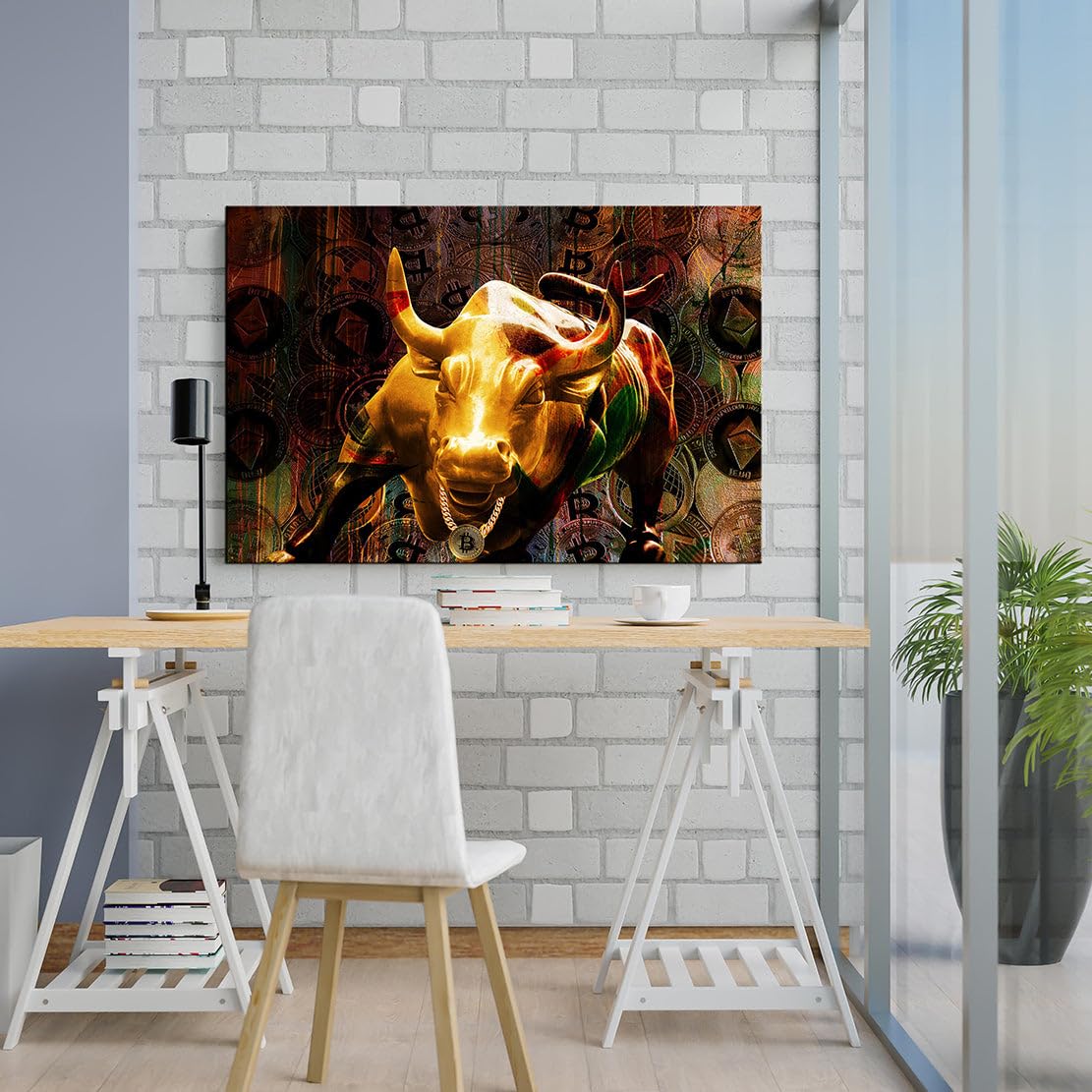 ARTEDinoi Börsenbulle Bulle Krypto Gold Leinwandbild Wandbild XL Deko | Börsenbulle, Trading
