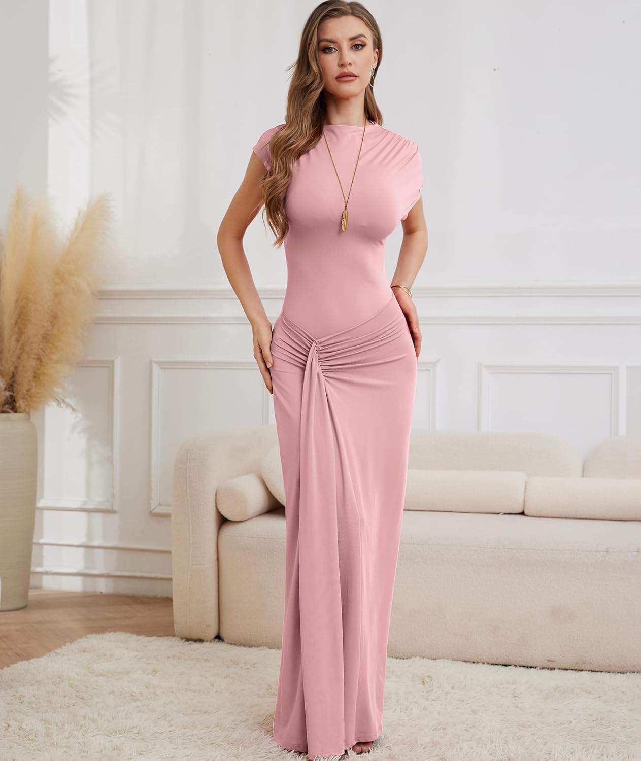 Mojessy Women Bodycon Maxi Dress Sexy Mock Neck Lace Up Bandage Ruched Short Sleeve Long Dress Cocktail Dress - Image 6