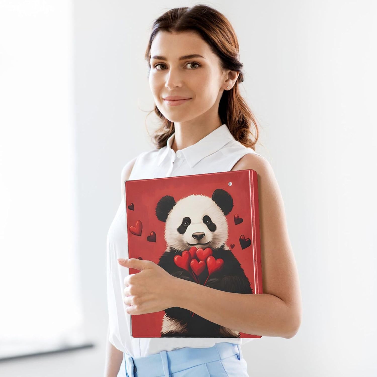 Valentine's Day Panda Heart 3 Ring Binders, 1.5” Round Ring Binders with Clipboard - Letter Size, 3 Interior PVC Clear Pockets & Anti-Slip Clip for Office School Supplies, 2PCS