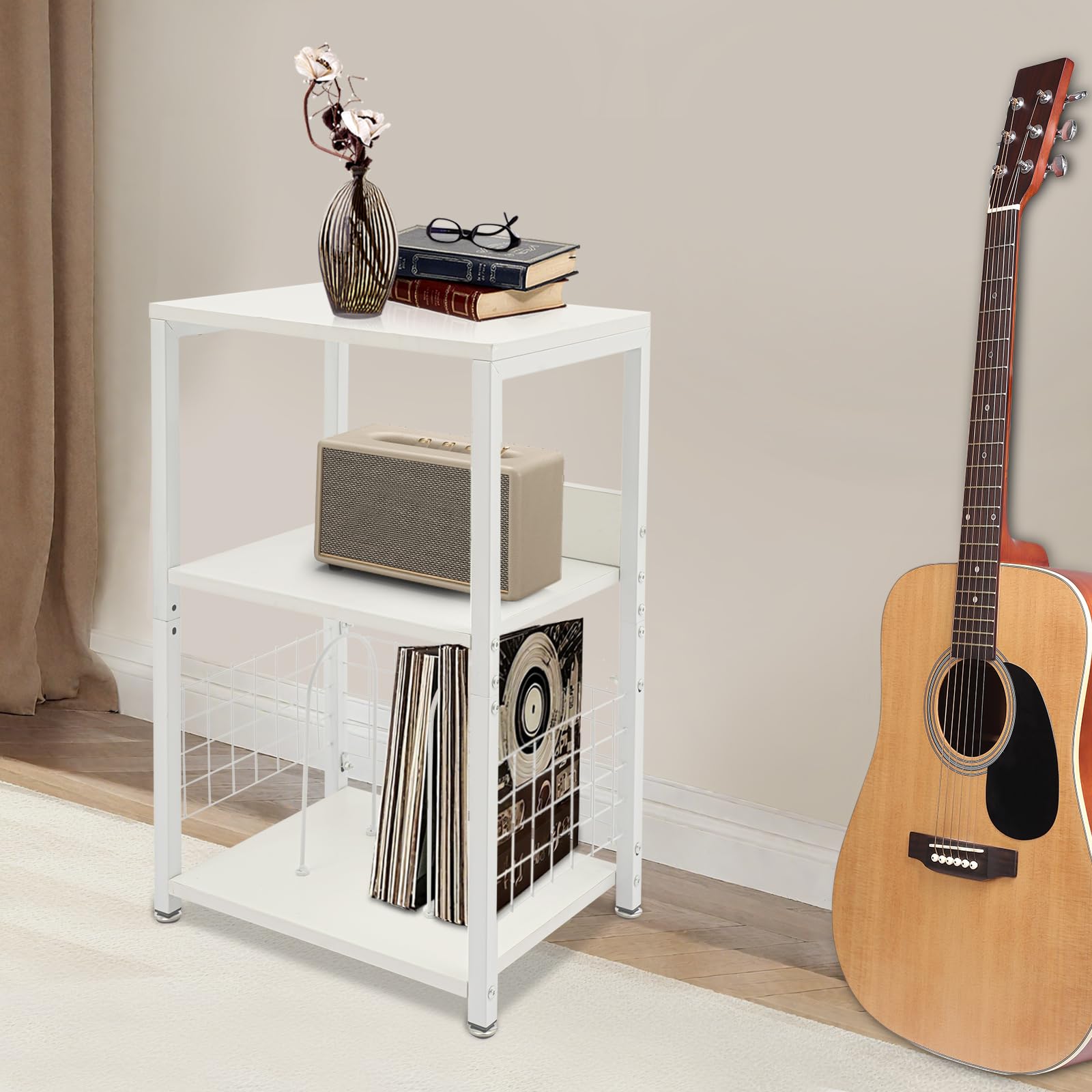 Mobile Vinile Stoccaggio a 3 livelli Ripiano Giradischi carico 45kg Struttura Ferro MDF Stabile Separatori Porta dischi Rimovibili Tavolo di Supplemento per Soggiorno Camera Ufficio