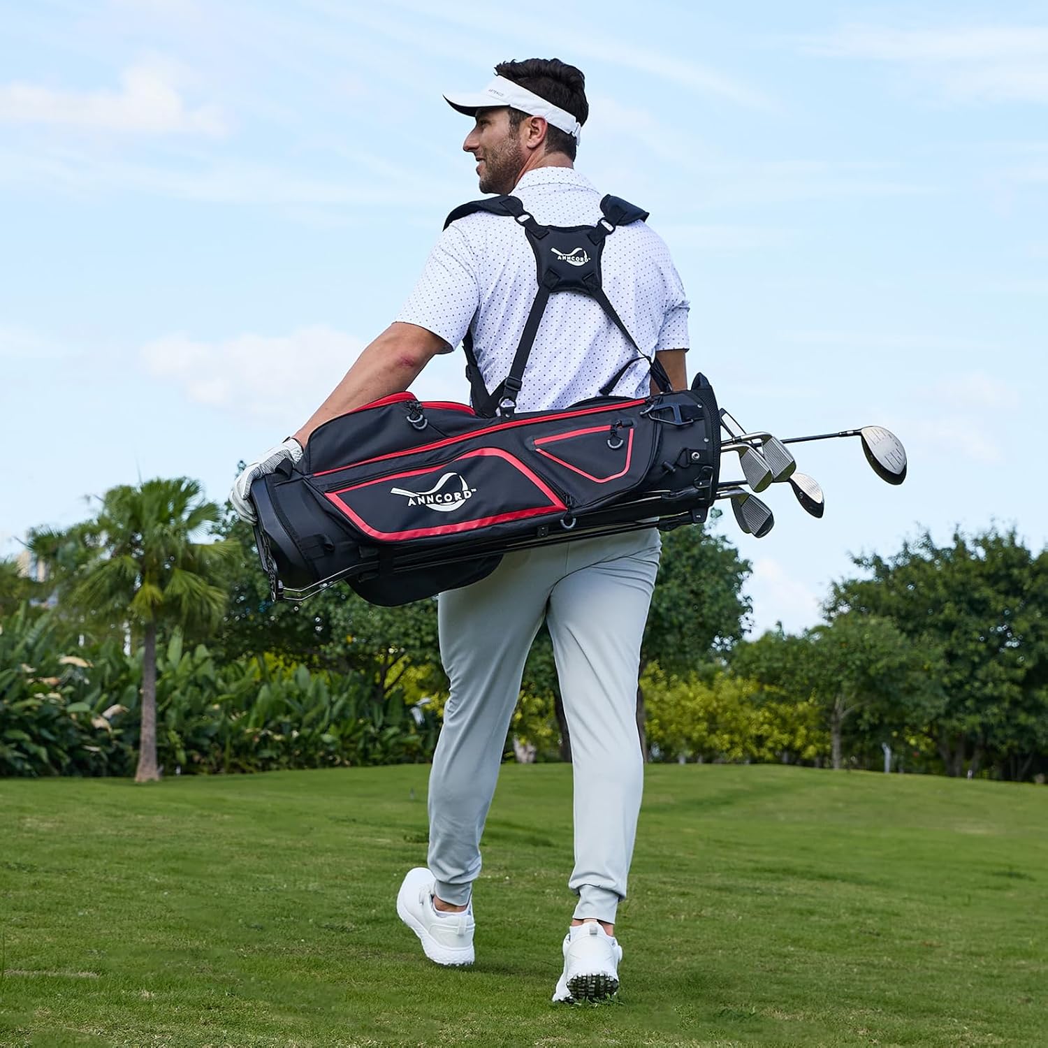 Anncord Golf Stand Bag with 4 Way Full Length Dividers, 4.4 Lbs Lightweight Golf Bag for Men Women, Waterproof Golf Carry Bags w/Stand, 7 Pockets & Cooler Pouch, Dual Straps, Rain Hood