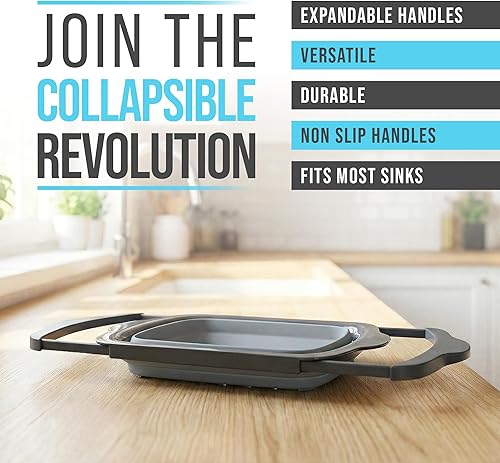Miniatura 3 de XL Colador de cocina grande de Comfify - Colador plegable de silicona sobre el fregadero con asas extensibles - Uso con pasta, fruta, bayas y