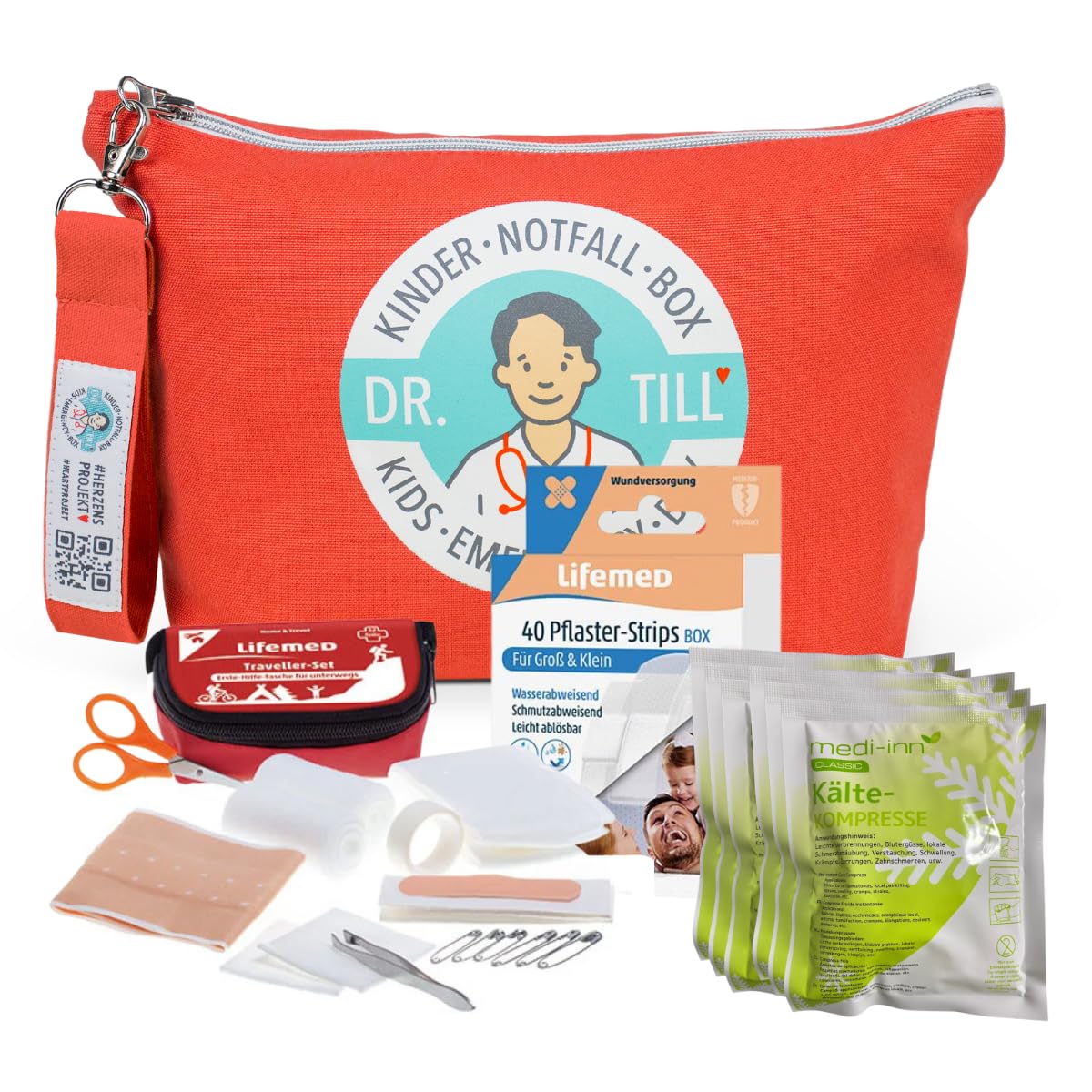 Richtig helfen Kindernotfall-Set | 161-teilig | inkl. Dr. Till Kindernotfallbox, inkl. Reise-Set, Pflaster-Strips Box & Sofort-Kältekompressen | Erste Hilfe Set für Babys & Kinder