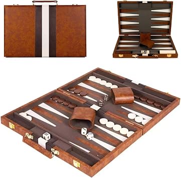 15 Inch Backgammon Set 2 Players, Travel Classic Backgammon Set with Portable Premium Leather Case, Wooden Luxury Folding Puzzle Board game for Adults Board Game, Tactical Board Game Ideas