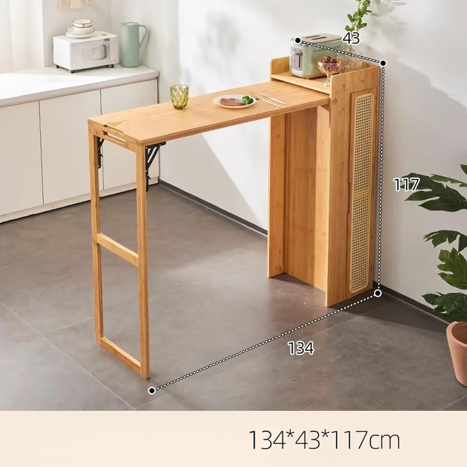 Storage Trolley Foldable Kitchen Island Bar Table with Rattan Panel Storage Cabinet Shelving Organizer(Yellow)