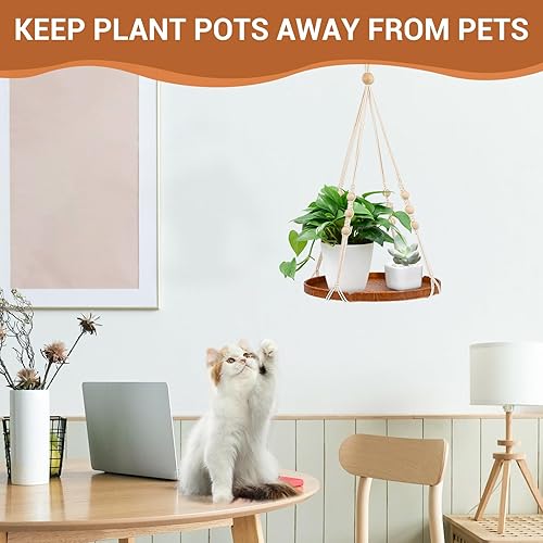 Miniatura 4 de Paquete de 2 macetas colgantes, estante colgante para plantas con cuentas de madera y bandeja de madera para interiores y exteriores, decoración