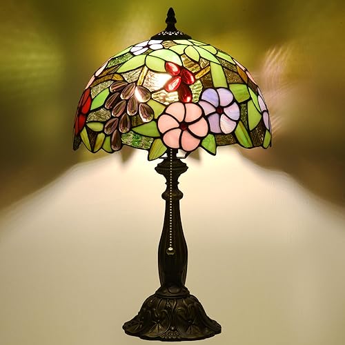 Miniatura 14 de Tiffany Style Stained Glass Table Lamp, Floral Pattern Desk Light with Antique Bronze Resin Base, Red Roses Decorative Lighting for Bedroom, Living