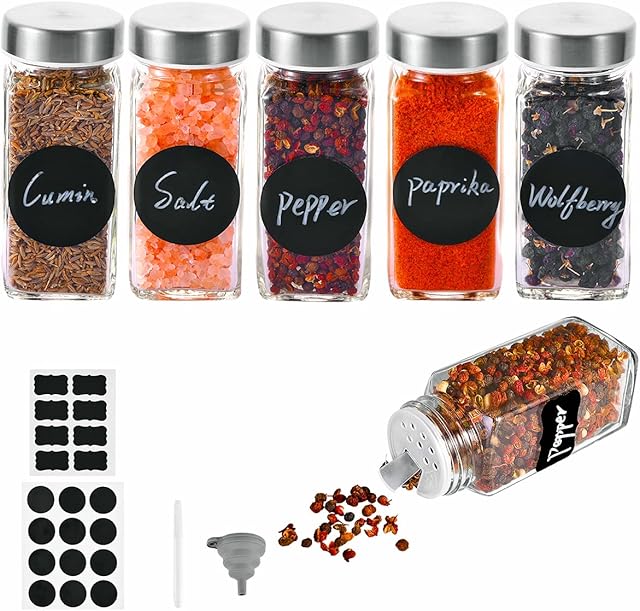 Miorkly 6 Spice Jars with Stainless Steel Lids and Labels, 120ml Spice Containers, Square Glass Spice Jars with Excellent Airtight, Spice Bottles Erasable Pen, Label Paper