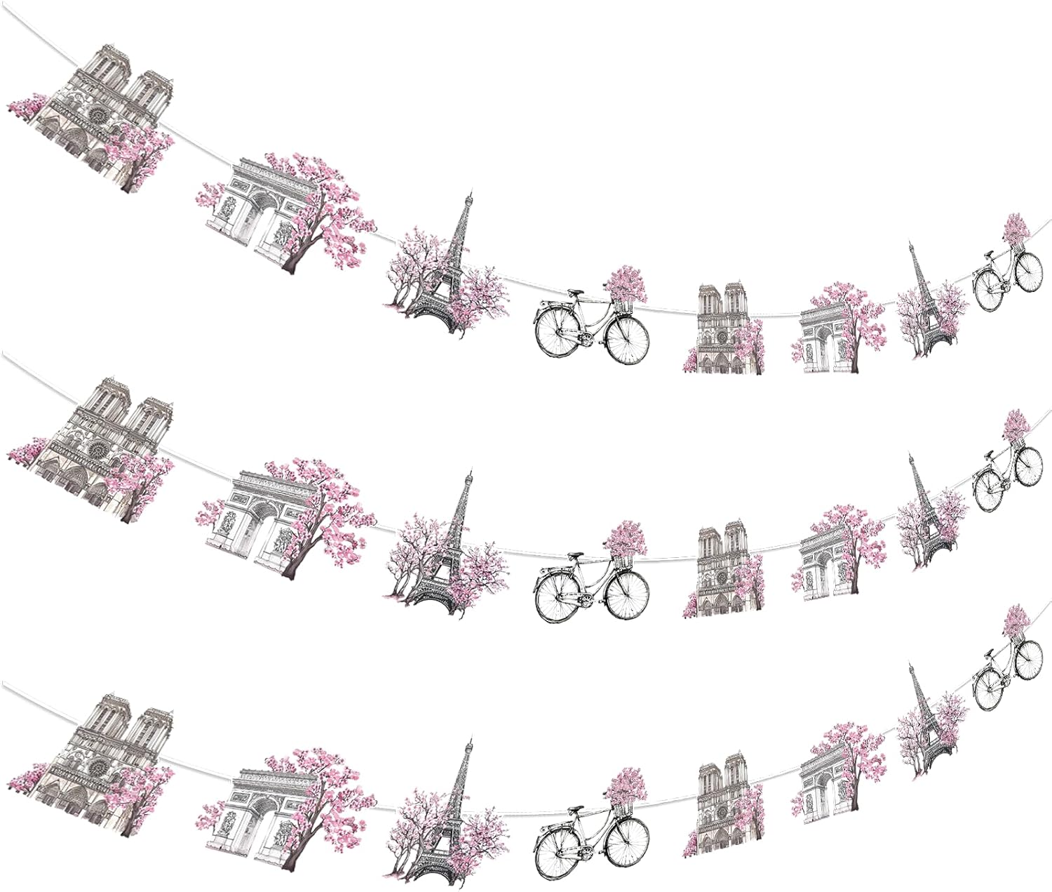 3Pcs Paris Theme Garland Banner for Girls Women Decor, Bonjour De Paris Birthday Baby Shower Wedding Floral Sign Favors, French Europe Travel Party Decorations Supplies