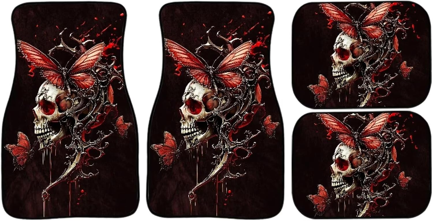 Red Skull Butterfly Art Design 4 Pcs Car Floor Mat Carpet Set, Non Slip Anti Dirty Foot Pad Vehicle Front Back Floor Mats Auto Interior Accessories Protection for Car SUV Van Truck