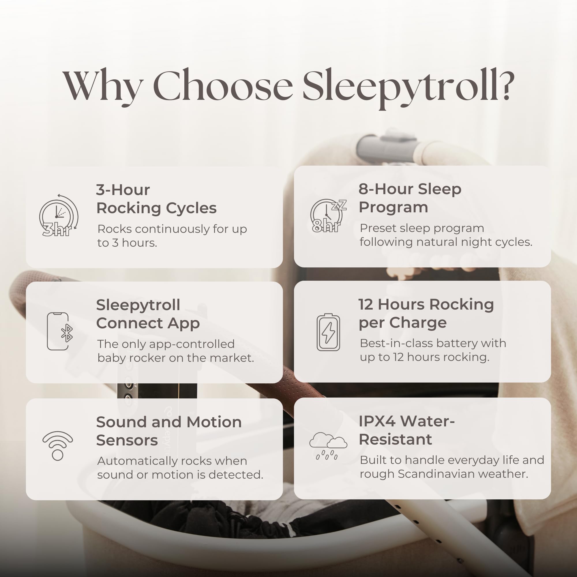 Sleepytroll Baby Rocker Gen2 | Bascule rechargeable avec capteurs de mouvement et de son, contrôle par application, bascule de 3 heures, autonomie de 12 h, certifié CE et FCC, résistant à l'eau