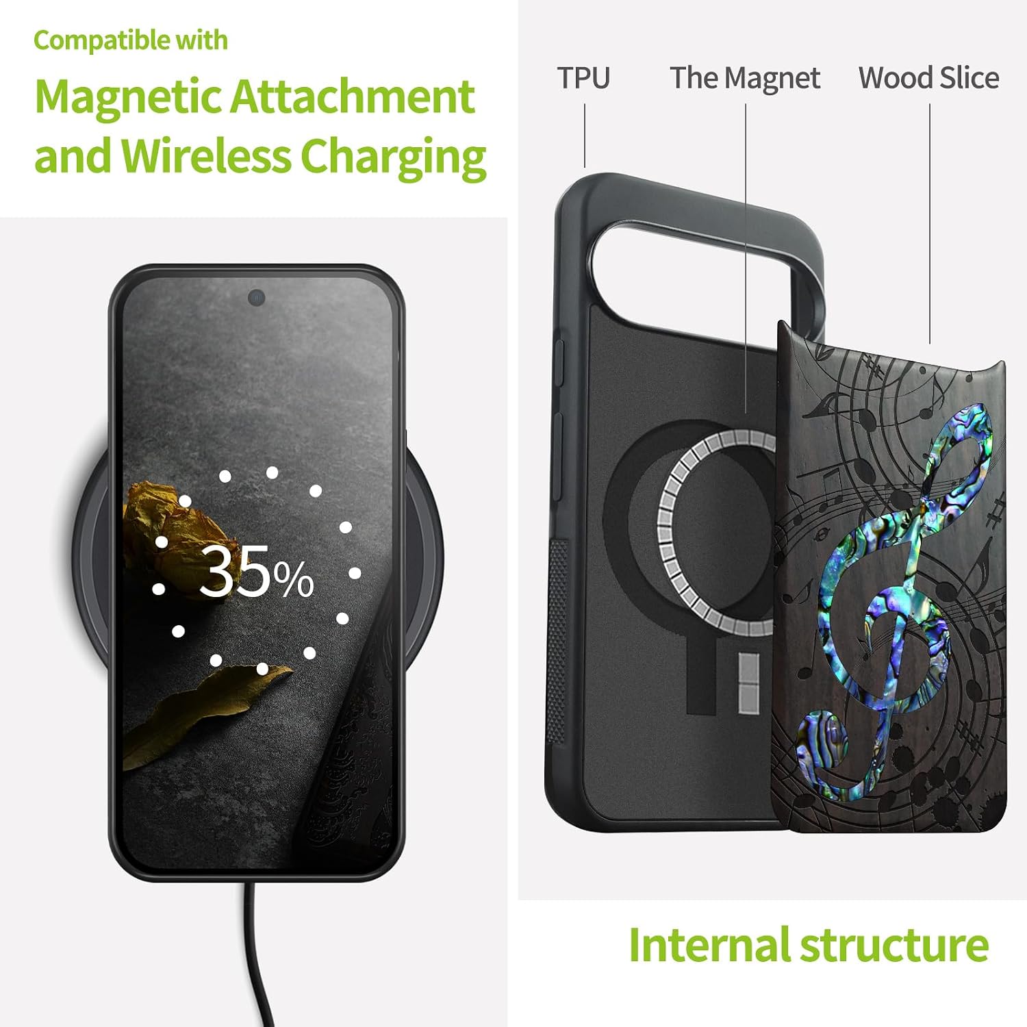 Carveit Magnetic Wooden Case for Google Pixel 10 Pro XL Case, Wood Artisan Engraved & Handmade Shell Inlaid, Compatible with MagSafe Wireless Chargers, Musical Note - Blackwood