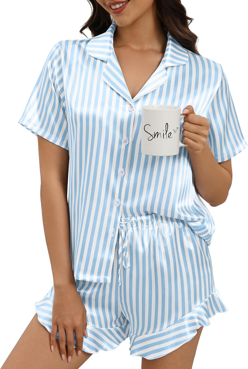 Silk Pajamas for Women Button Down 2 Piece Satin Pjs Shorts Set Ruffle Notch Collar Sleepwear Loungewear