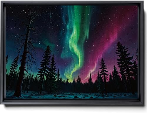 Aurora Borealis, Northern Lights Art, framed canvas print, snow capped mountain landscape art, synthwave vaporwave, Canvas Art, Decor