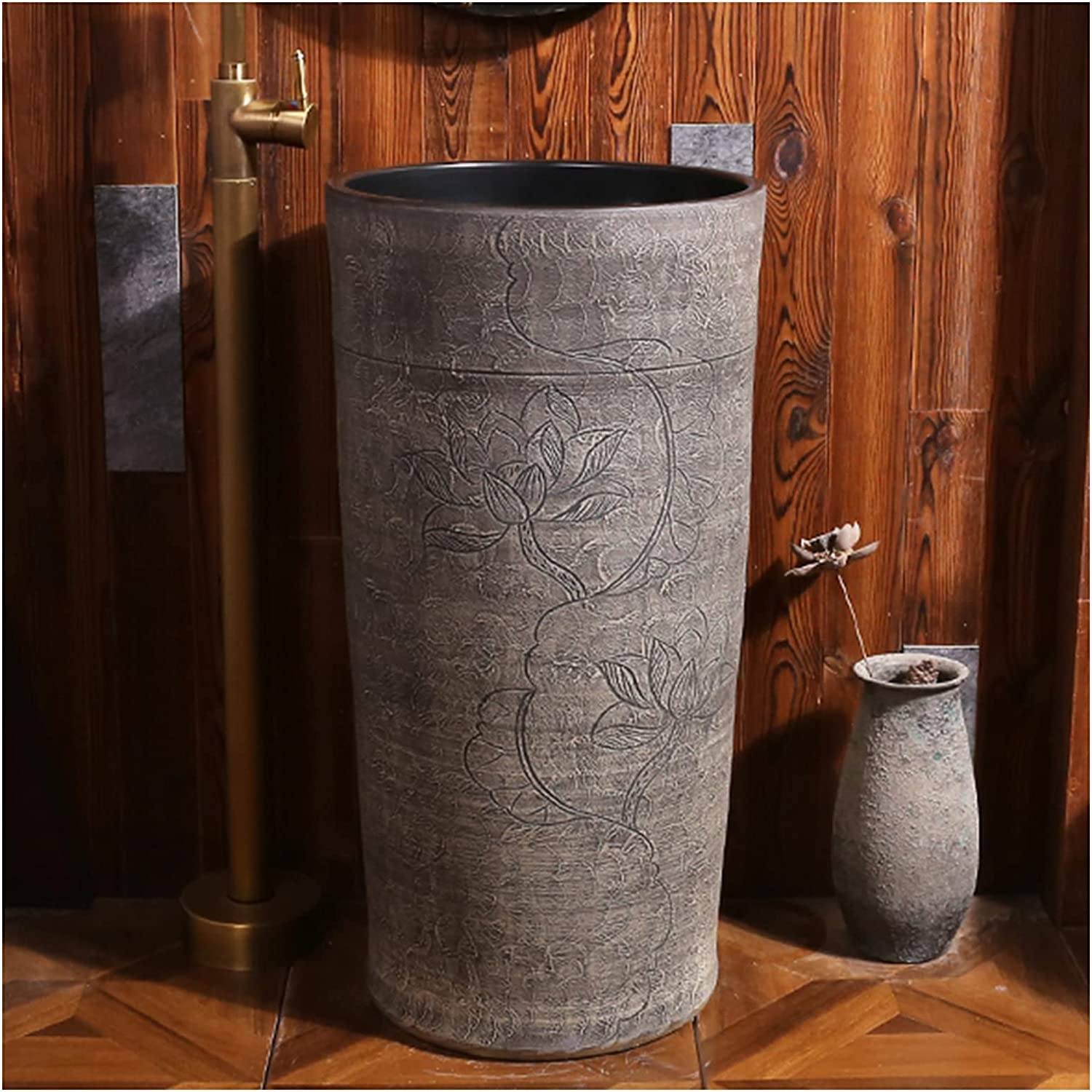 OLSKFUH Freestanding Pedestal Sink Floor Standing Art Sink Pedestal Sink Handcrafted Ceramic Wash Basin Pedestal Washbasin Kaolin Clay Round Freestanding Sink With Drain & Faucet,D-With mirror