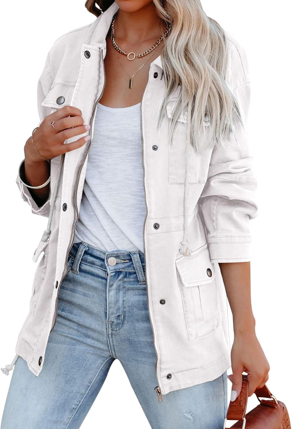 Ebifin Womens Military Anorak Jacket Zip Up Snap Buttons Lightweight Safari Utility Coat Outwear With Pockets - Image 2