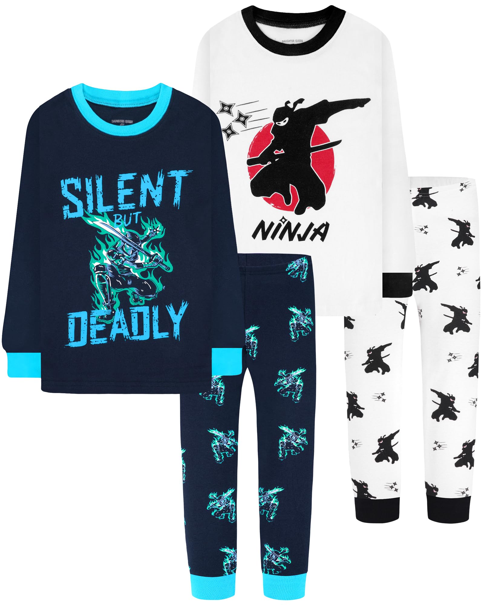 DAUGHTER QUEEN Boys Pajamas 4 Pieces Long Set 100% Cotton Sleepwear Size 18 Months-12 Years