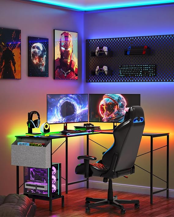 L Shaped Desk - 50 Reversible Home Office Computer Desk, Wood Top, Metal Frame, Side Bag, Sturdy Gaming Desk Corner Table for Work, Writing and Study, Space-Saving