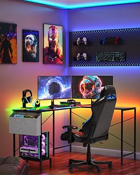 L Shaped Desk - 50 Reversible Home Office Computer Desk, Wood Top, Metal Frame, Side Bag, Sturdy Gaming Desk Corner Table for Work, Writing and Study, Space-Saving