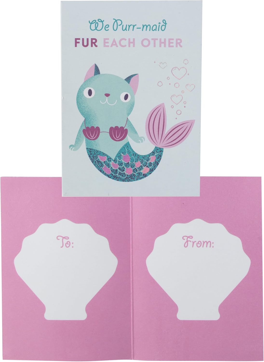 Cat Mermaid Mini Eraser Kids Valentine's Day Cards Classroom Gift Exchange - 24 Cards Sets for the Entire Class - Each Include Card, Sea Shell Eraser & Envelope - Cute Class Gifts for Boys & Girls
