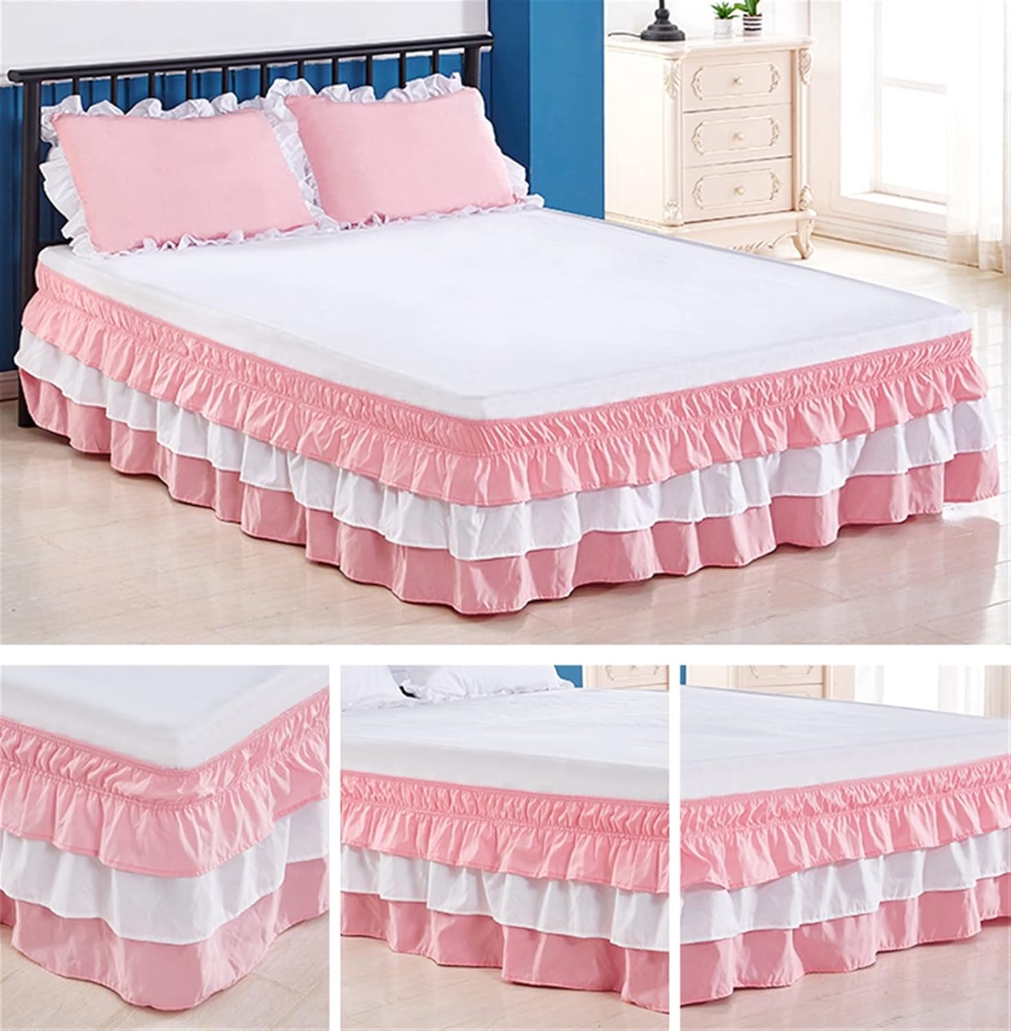 Liveinu Triple Layer Wrap Around Ruffled Bed Skirt,15 Inch Drop Easy to Put On Bedskirt Elastic Dust Ruffle Bed Frame Cover for Twin, Queen,King and Full Size Beds Pink White Queen