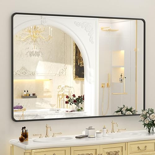 Miniatura 49 de OKPAL Espejo de Baño con Marco de Metal Negro de 40 x 36 Pulgadas para Pared, Espejo de Tocador de Baño Negro Mate, Espejo Rectangular Redondeado