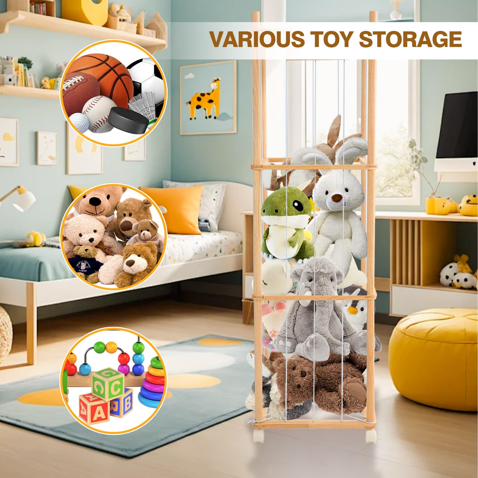 Contenitore per animali di peluche con ruote, grande scaffale in legno massello con 3 livelli e freni, per cameretta dei bambini e sala giochi