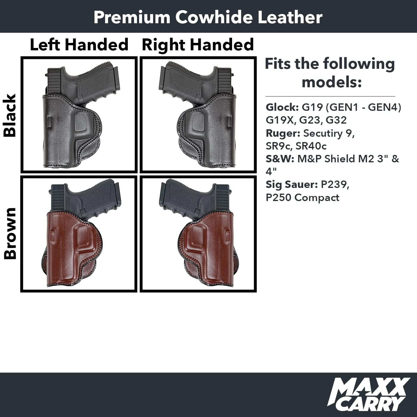 Maxx Carry Compatible with Leather Paddle Gun Holster Fits Glock 19 19X 23 32 | S&W M&P Shield 2.0 | Ruger Security 9, SR9c, SR40c | Sig P239, P250 Subcompact