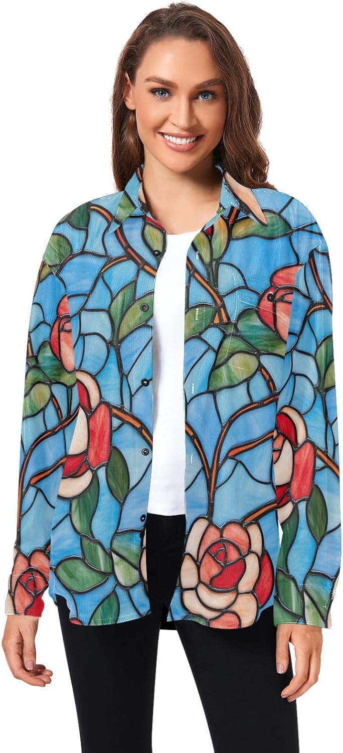 Stained Glass Blooming Rose Floral Woolen Cord Fabric Mens Rugby Shirts Long Sleeve for Women Sports with Pockets