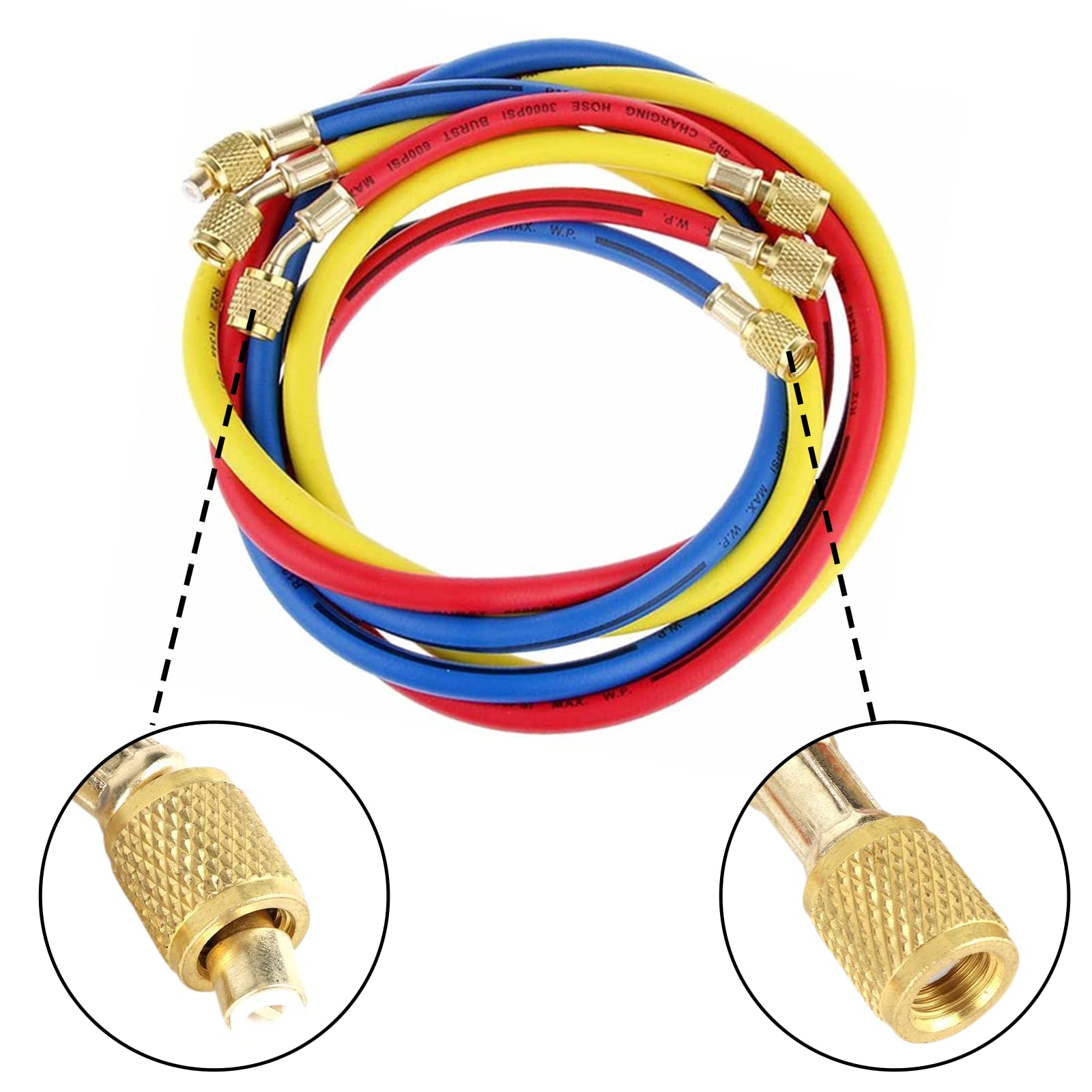 Tubo di riempimento per refrigerante aria condizionata 60 "per R134a R12 R2 R502, (600-3000) PSI fluoruro AC tubo di riempimento 1/4" SAE filo di segnalazione (3 colori)