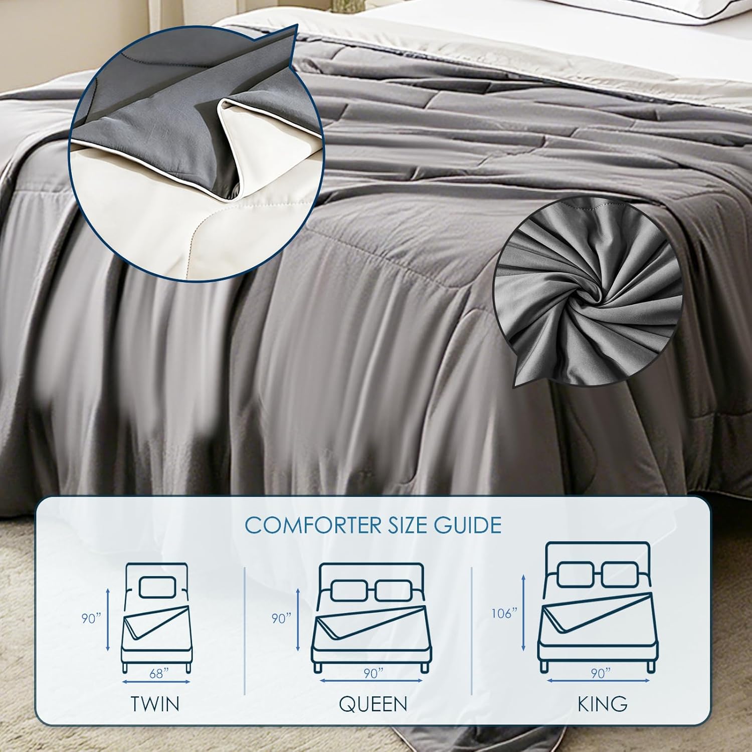 Cosybay Cooling Comforter Queen Size, Double-Sided Cold Tech Fabric, Breathable Summer Comforter for Hot Sleepers & Night Sweats, Silky Smooth Cooling Blanket, 90''x 90'', Dark Gray/Light Gray