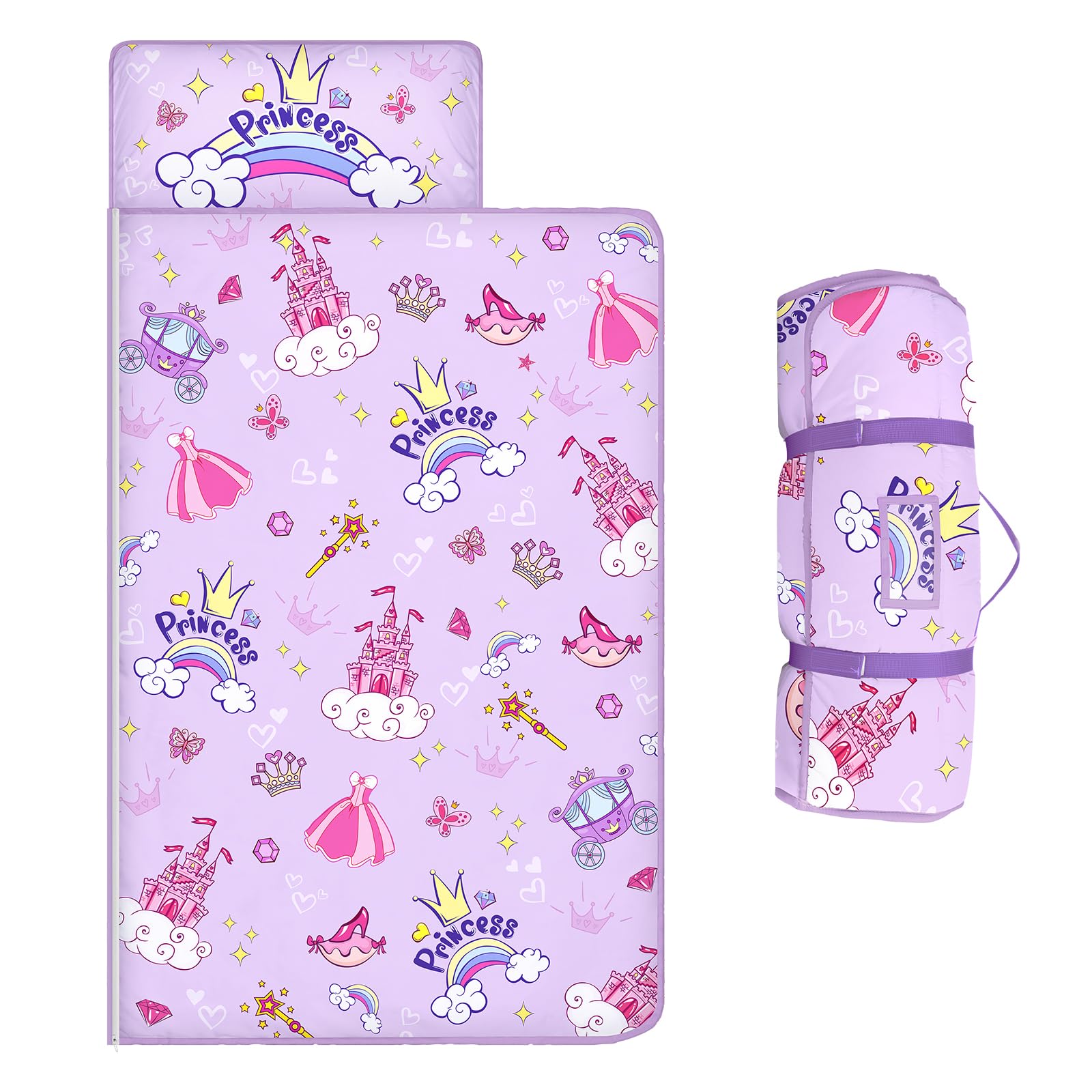 Kids Sleeping Bag,Nap Mat with Removable Pillow and Blanket,Warm Toddler Slumber Bag 150x60cm for Toddlers Boys Girls Roll Up Kids Sleeping Mat for Bedroom Daycare Kindergarten,Princess Castle