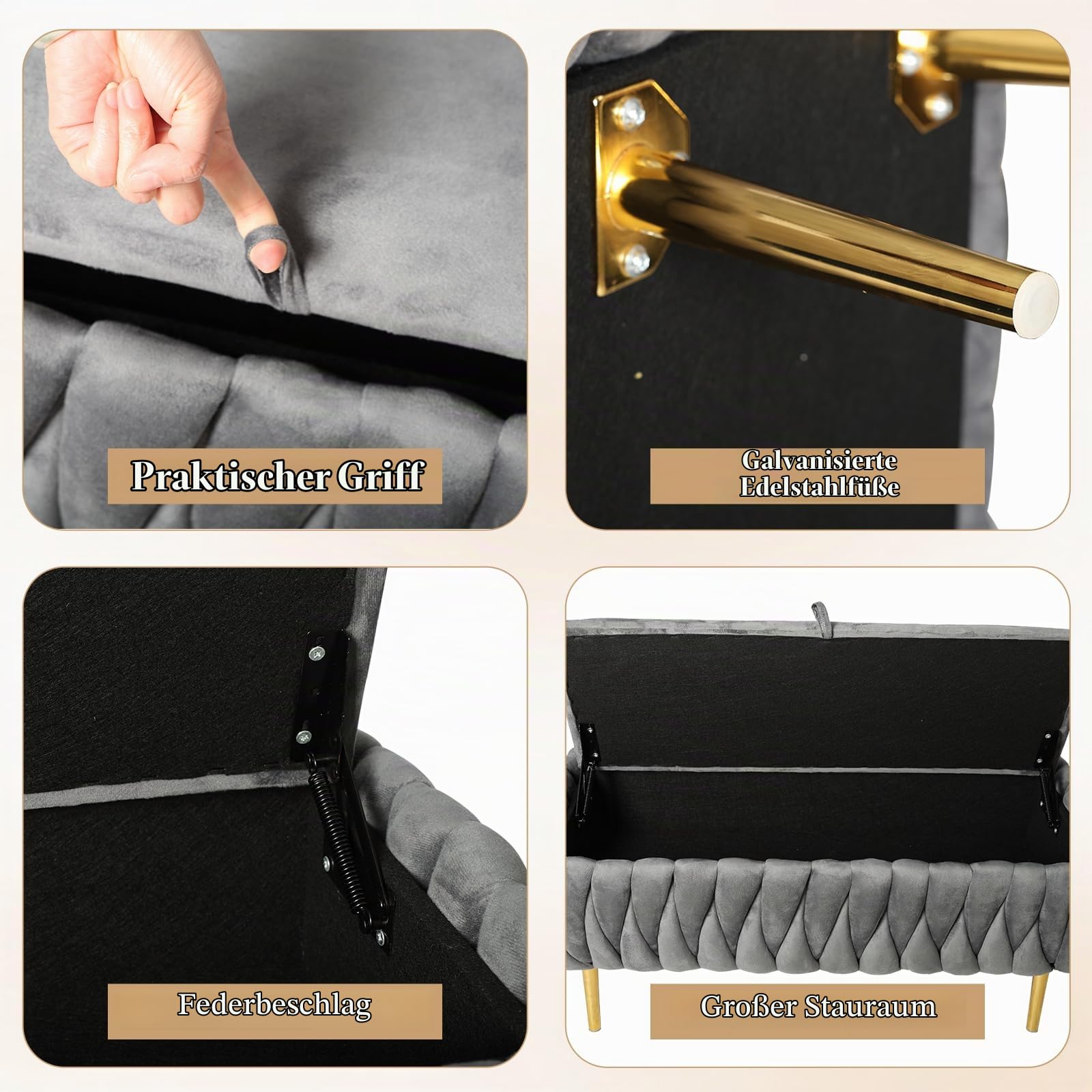 Sitzbank mit Stauraum, Aufbewahrungsbank, Samt Bettbank mit Metallbeinen, Polsterbank Hockerbank für Wohnzimmer, Schlafzimmer, Flur, bis 300 kg Belastbar, 105 x 20 x 44cm (Grau)