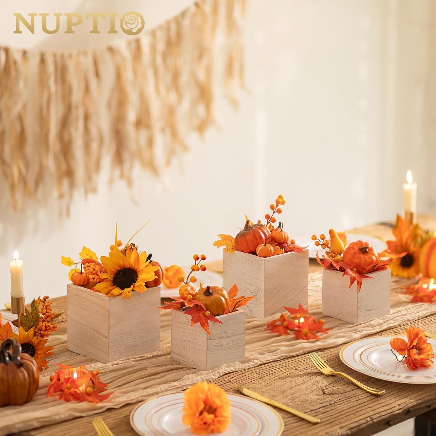 NUPTIO Wooden Box for Centerpiece Wedding: 6 Pcs Rustic Square Planter Box Farmhouse Table Fall Decor - 4×4" & 5×5" Whitewashed Small Wood Vases Flower Pots for Windowsill Home Garden