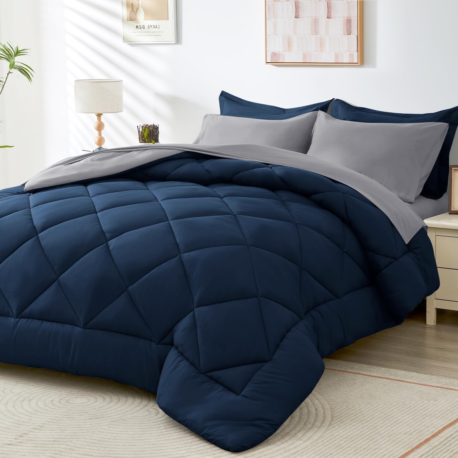 HEVUMYI Queen Comforter Set - 7-Piece All Season Bed in a Bag Queen, Ultra Soft Bedding Set with Comforter, Flat Sheet, Fitted Sheet, Pillowcases, Pillow Shams, Navy Blue & Light Grey