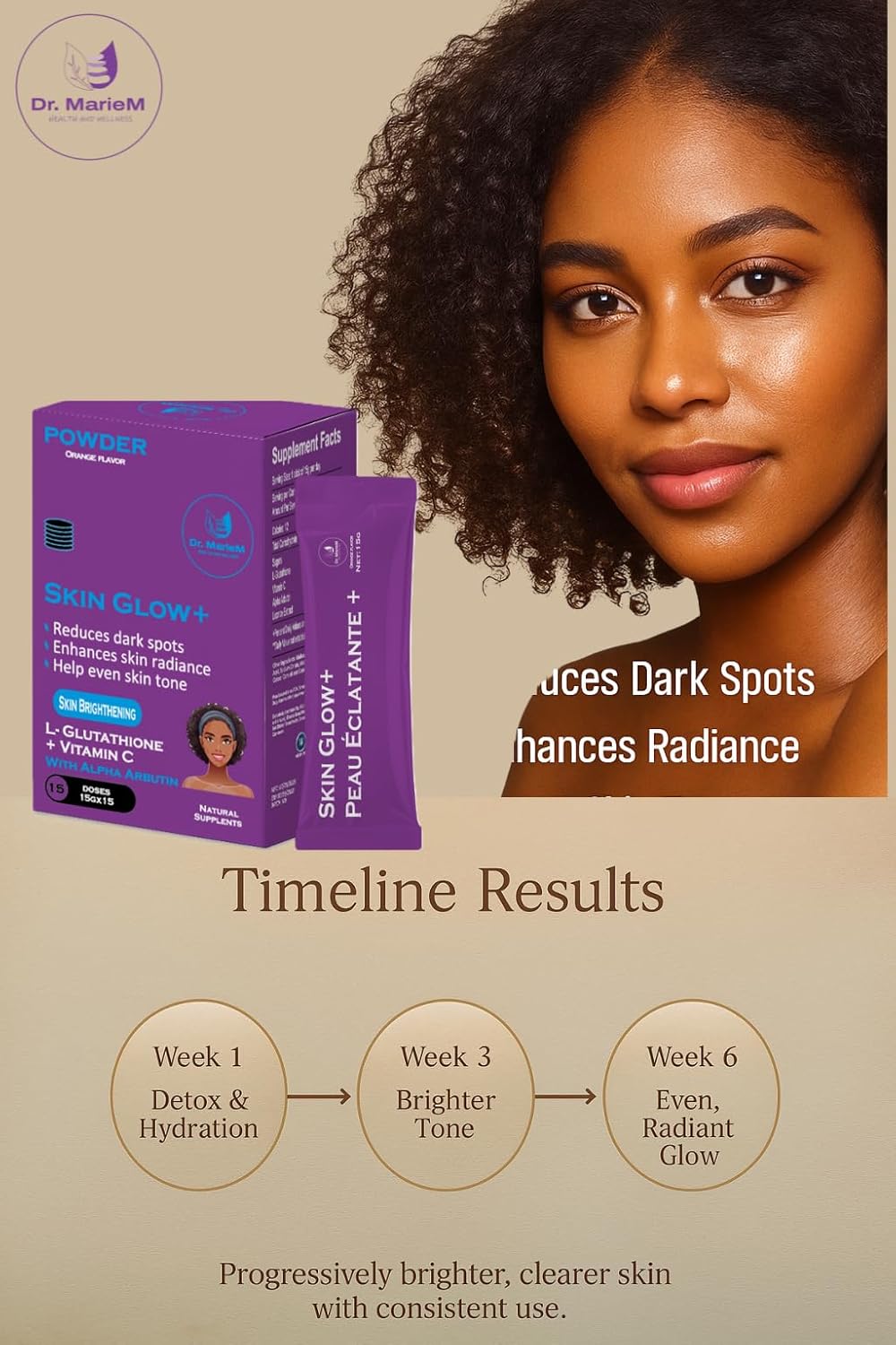 Skin Glow+ Brightening Powder - Supplement – 1000mg L-Glutathione + 500mg Vitamin C with 200mg Alpha Arbutin – Reduces Dark Spots, Evens Skin Tone – Orange Flavor – 15g/stick