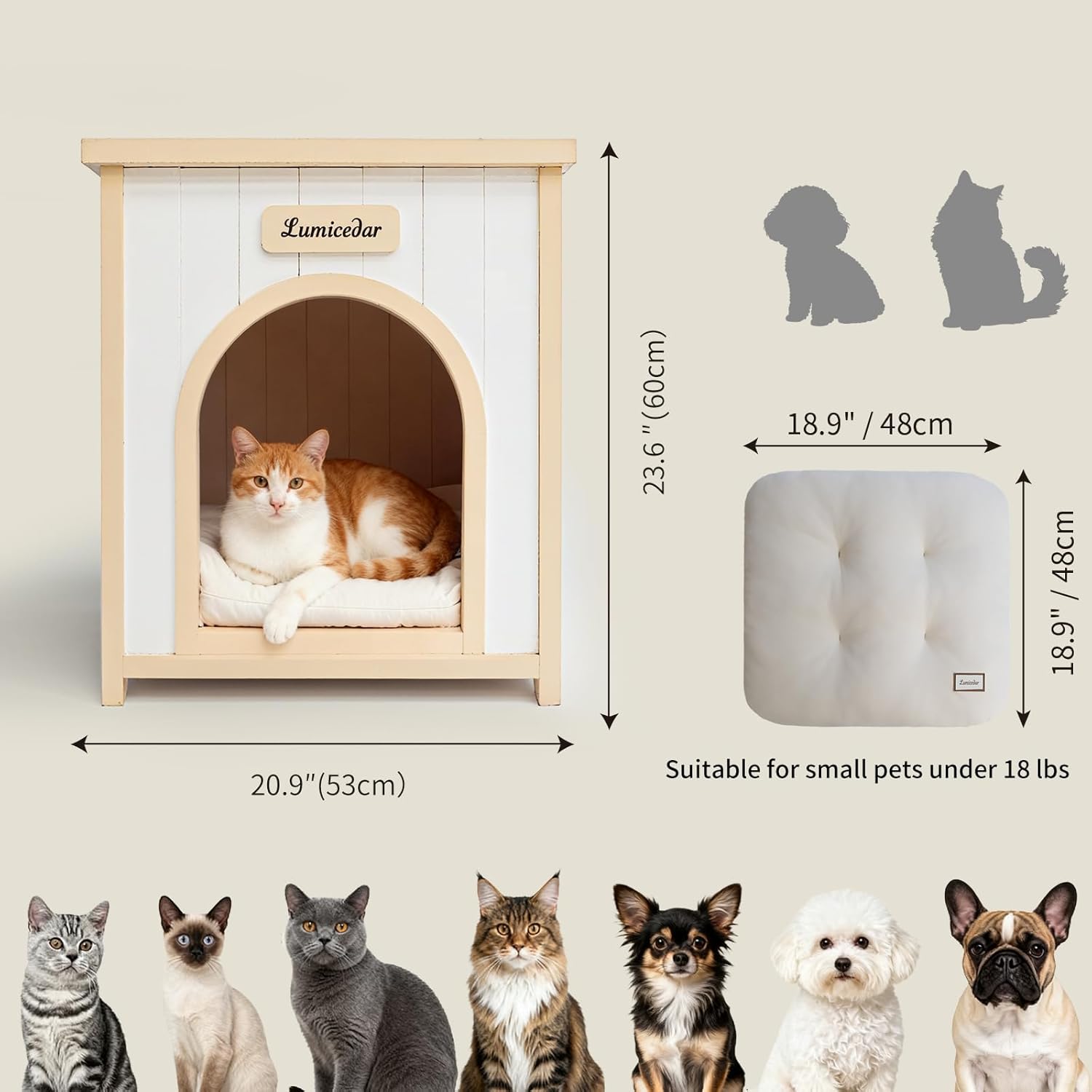 Solid Cedar Wood Indoor Dog House for Small & Medium Dogs, Flat Top Pet House with Soft Cushion, Modern Wooden Dog House Inside Home (20.3" D x 20.9" W x 23.6" H)