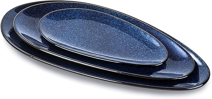 vicrays Large Oval Serving Platters, 16"/14"/10" Porcelain Serving Platters for Party, BBQ,Stackable Serving Trays Serving Plates for Appetizers, Sushi, Restaurant, Dessert, Set of 3 (Blue)