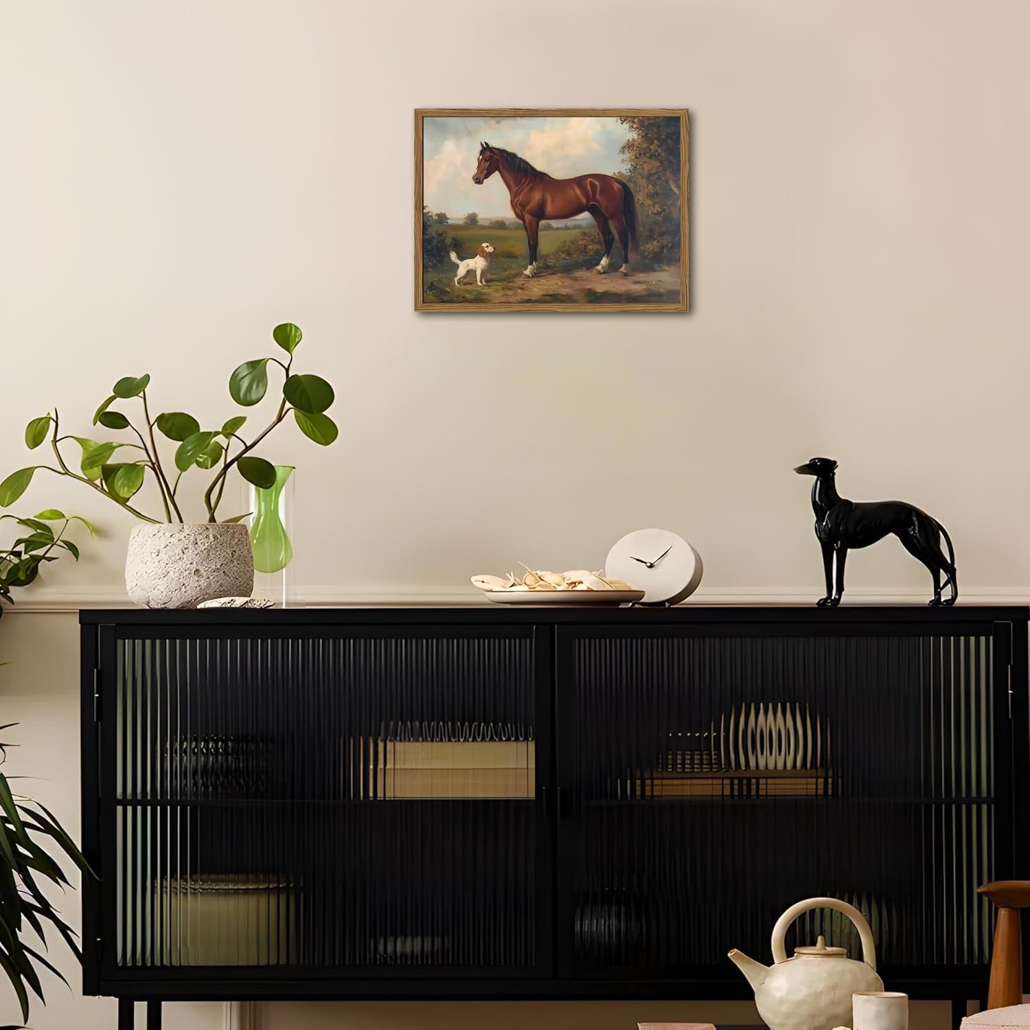 Framed Vintage Wall Art, Rustic Horse and Dog Pictures Wall Decor, Farmhouse Animal landscape Paintings Canvas Prints Neutral Aesthetic Home Decor for Living Room Bedroom Bathroom Office 12x16 inch