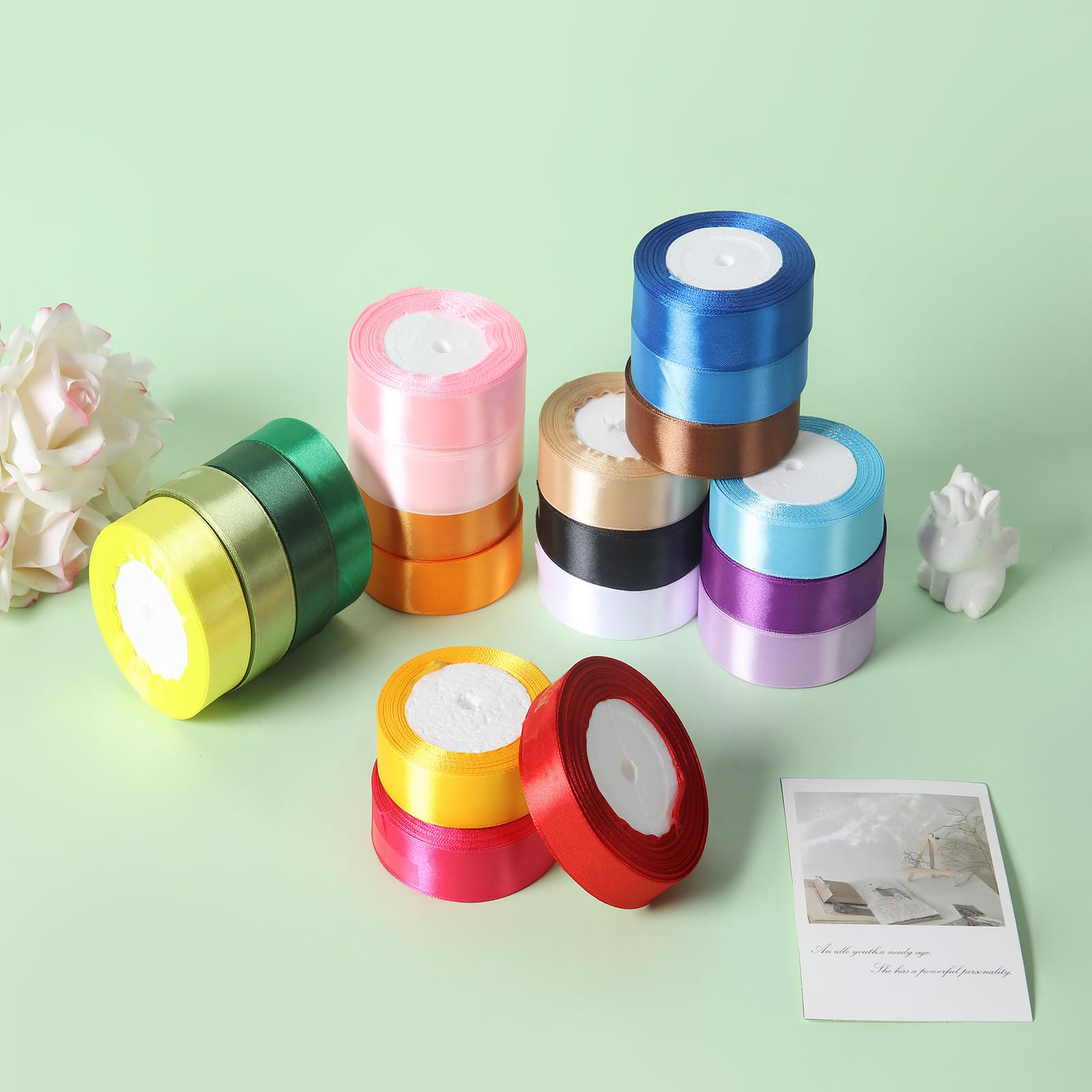 Regenbogen-Satinband in 20 Farben, 457 m, 3,8 cm x 22,7 m, insgesamt 457 m, buntes Stoff-Satinband-Set, verschiedene Bänder für Geschenkverpackungen, Halloween, Weihnachten, Hochzeit,