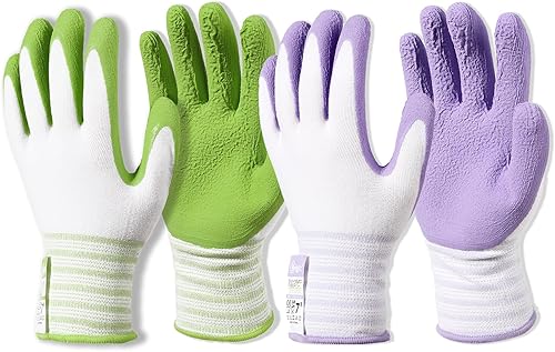 Brigic Guantes de jardinería de bambú, con revestimiento de goma transpirable, táctiles, guantes de trabajo al aire libre para mujer, verde y morado