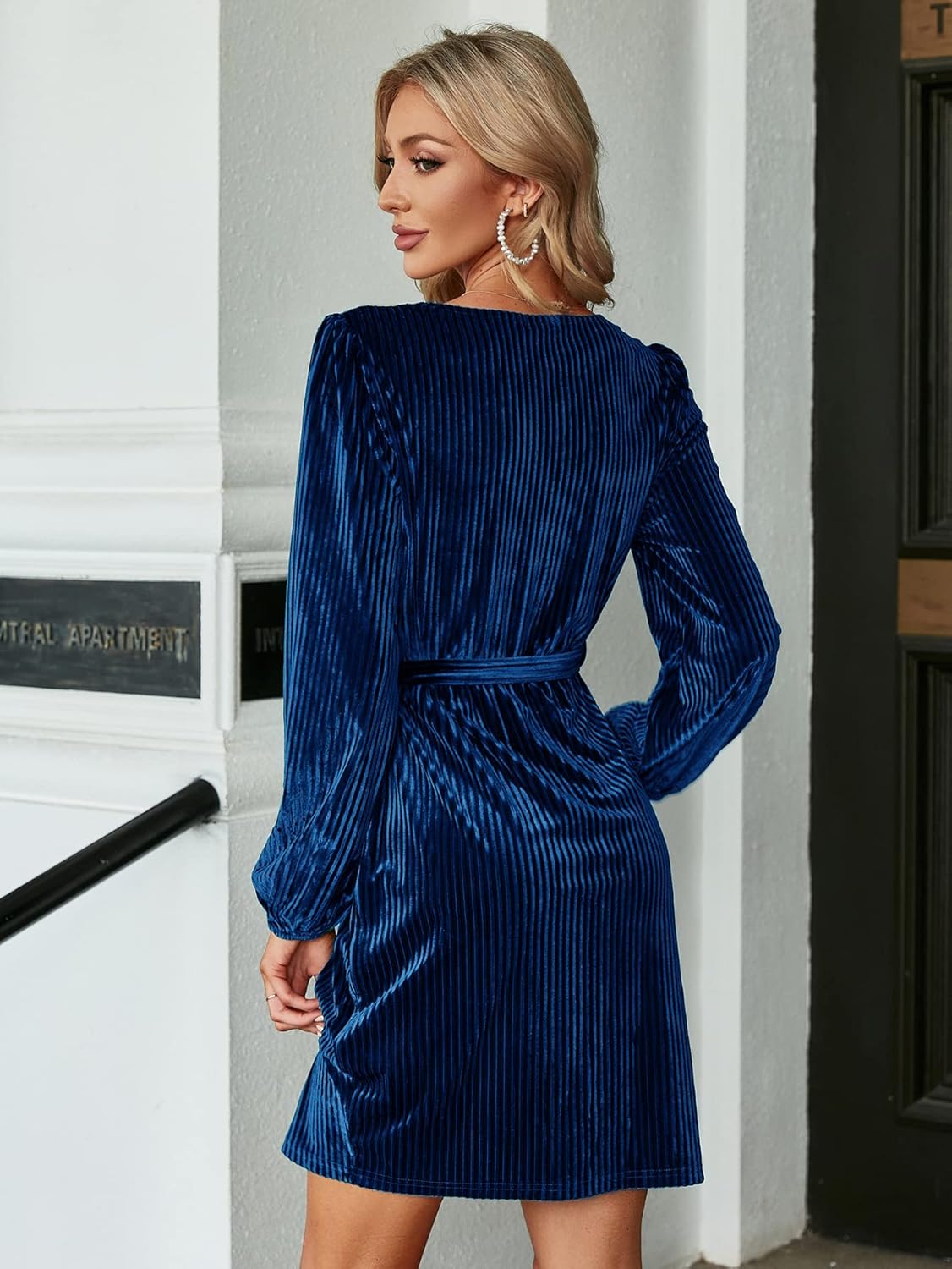 BerryGo Women's Long Sleeve Wrap Semi Formal Velvet Mini Dress Sexy Cocktail Party Winter Club Dress - Image 5