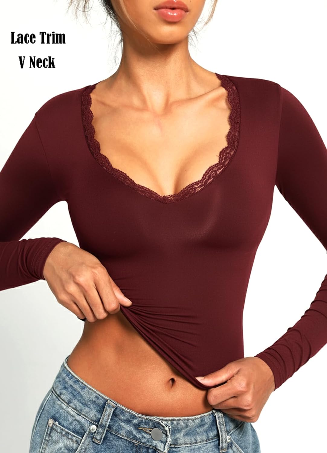 Navneet Women Sexy V Neck Lace Long Sleeve Shirts Crop Top Fall Cute Going Out Tops - Image 2