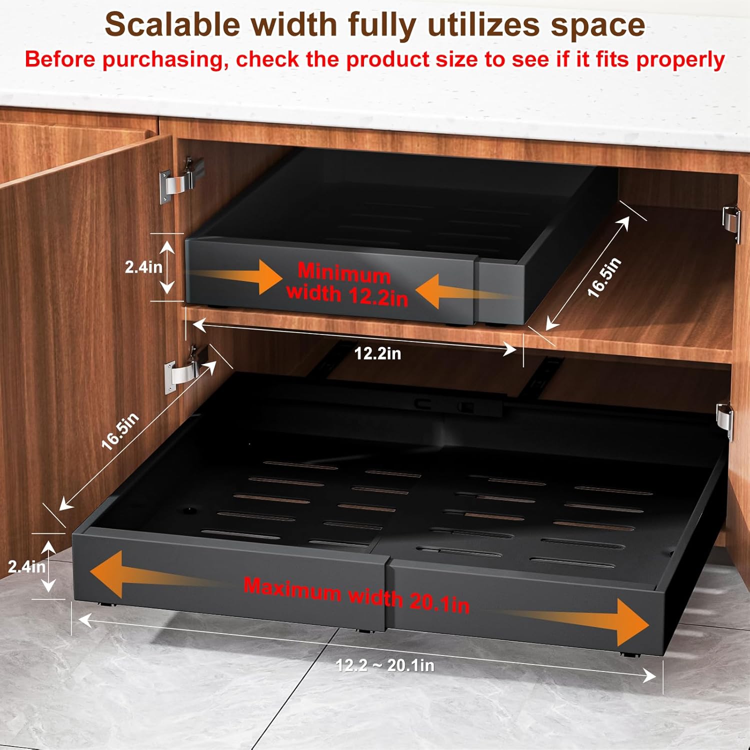 Expandable Pull Out Cabinet Organizer 16.5"Deep, 12.4-20.4" Slide Out Drawers for Kitchen Cabinet,Adjustable Cabinet Drawer for Pot/Pan,Pull Out Shelves Fixed with Adhesive Film or Screws(black)