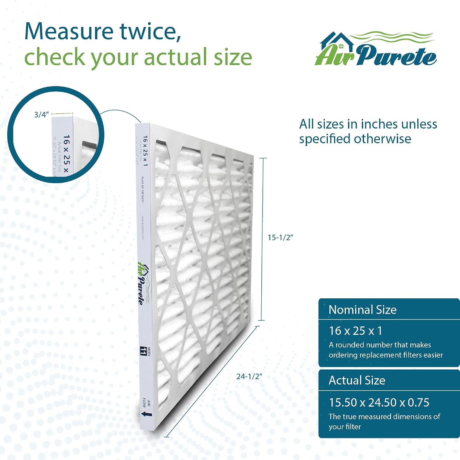 16x25x1 HIGH CAPACITY Furnace Filter | AirPurete AP- 3M16251 | Actual Size 15 1/2" x 24 1/2" x 3/4" | MERV 11 | Pack of 6 | Manufactured in United States