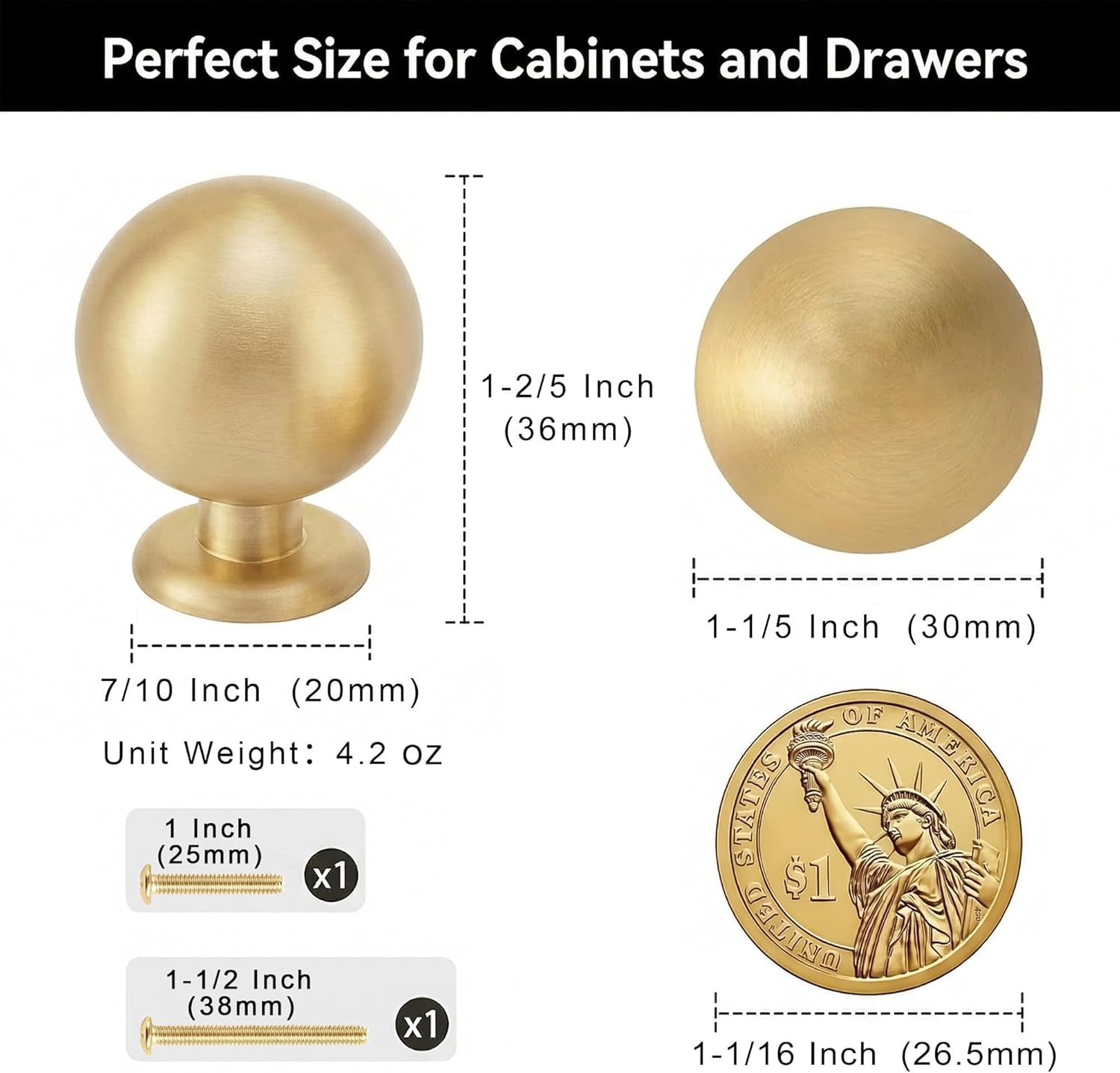 QOGRISUN 10-Pack Solid Brass Cabinet Knobs, Round Ball Gold Knobs for Dresser Drawer, 1.2-Inch Diameter,Sphere Cabinet Pulls,Brushed Brass Finish