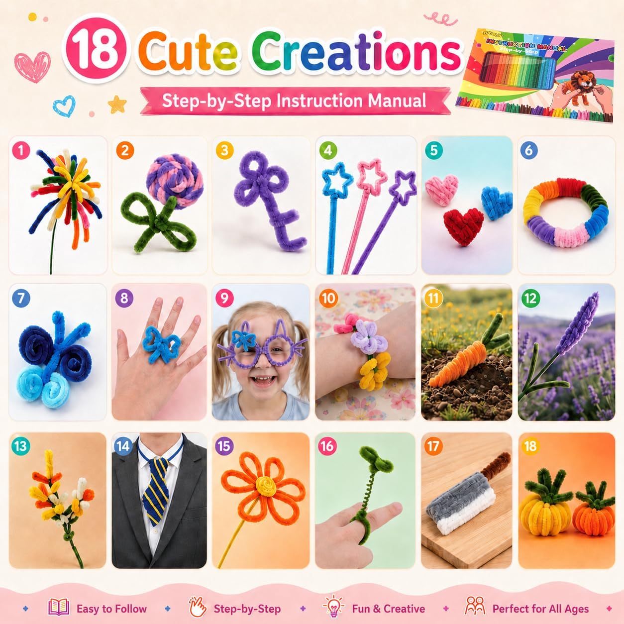 LOTWOW 1200PCS Pipe Cleaners Bulk 30 Colors, 18 DIY Projects & Video Guides | Non-Toxic Arts and Crafts Supplies, Pipe Cleaner Flower Kit for School Projects & Holiday Decorations(12 inch * 7 mm)