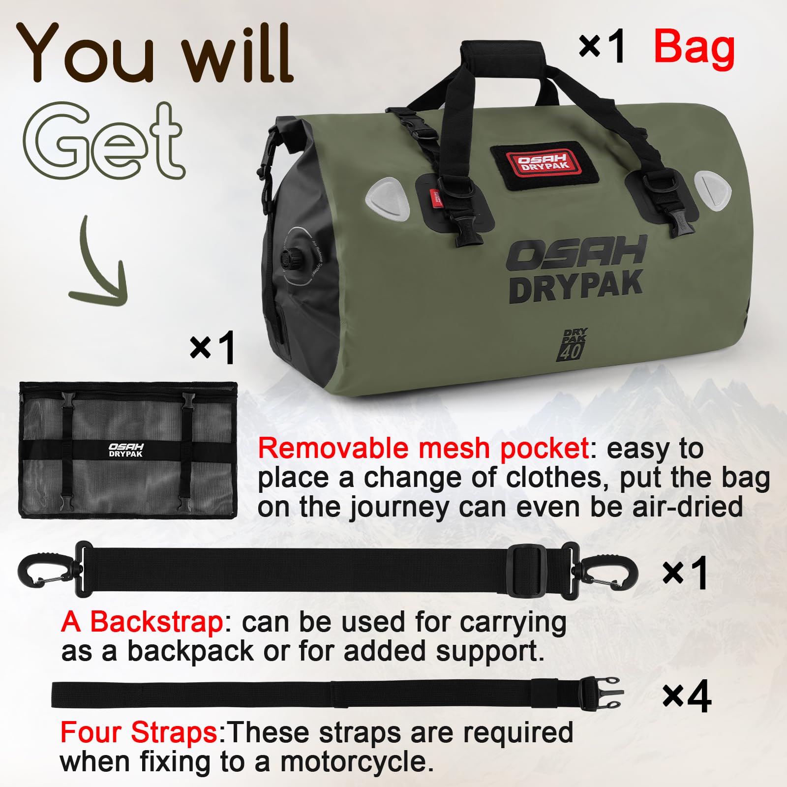OSAH DRYPAK Sac à Dos étanche Dry Bag – Sac Marin imperméable avec Fermeture Roll Top, Grande capacité, Pochette de Voyage étanche Polyvalent pour Camping, Moto, Kayak, Paddle, Bateau, Plage et Pêche